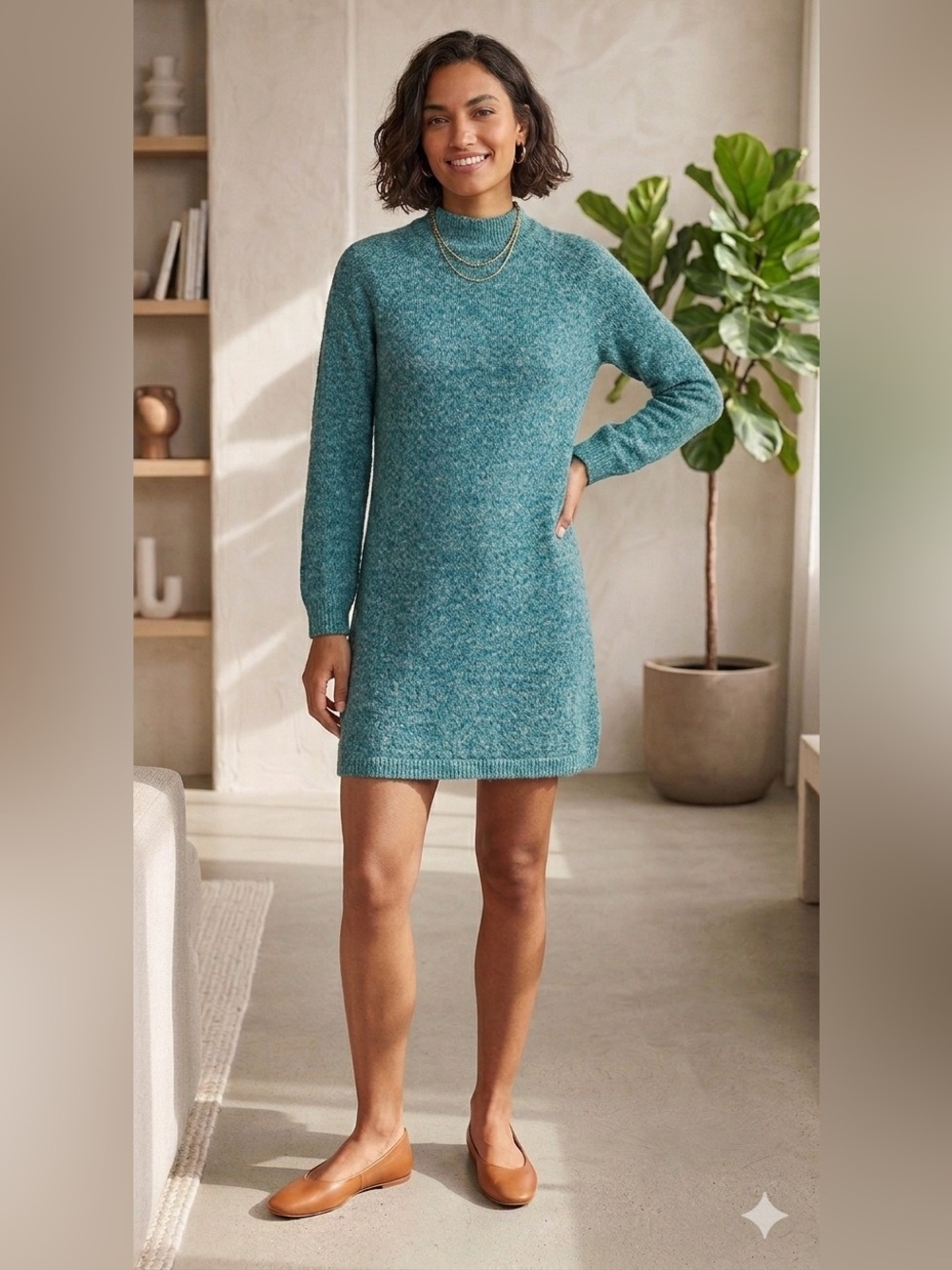 Talbots Mock Neck Knit Sweater Dress Sz M Petite Knee Length Textured Classic